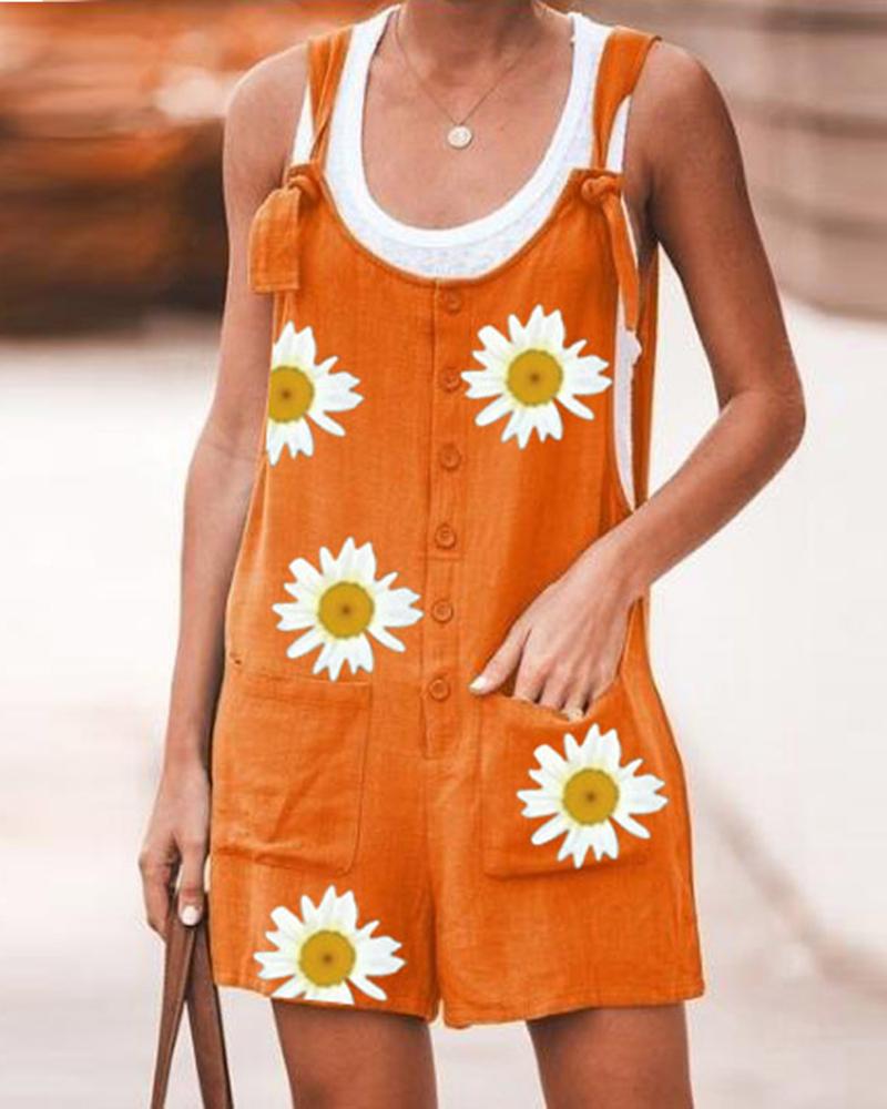 

Daisy Print Linen Overall Jumpsuit, Orange