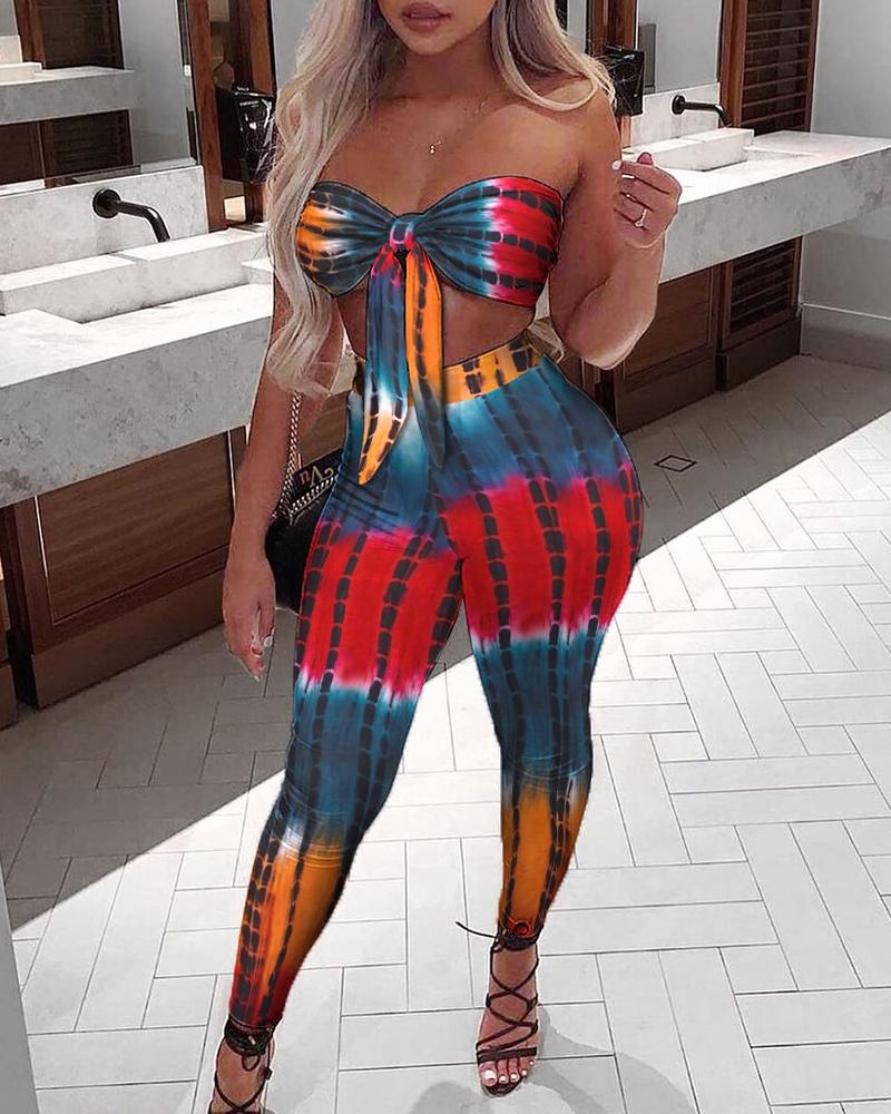 

Tie Dye Print Bandeau Knotted Front Crop Top & Pants Set, Multicolor