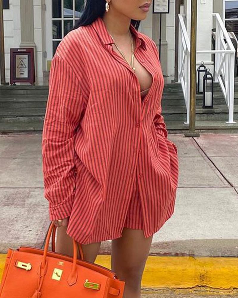 

Striped Split Hem Button Up Shirt & Pocket Shorts Set, Red