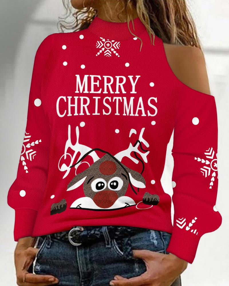 

Christmas Snowflake Elk Print Cold Shoulder Top, Red