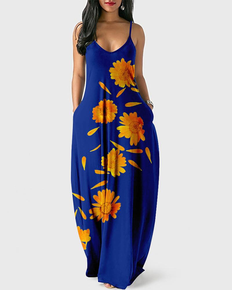 

Plus Size Floral Print Spaghetti Strap Maxi Dress, Blue