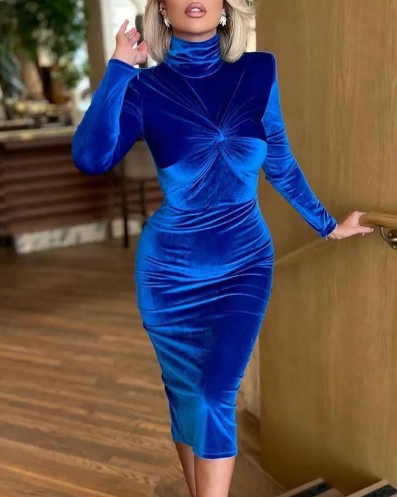 

Long Sleeve Twist Design Velvet Bodycon Dress, Blue