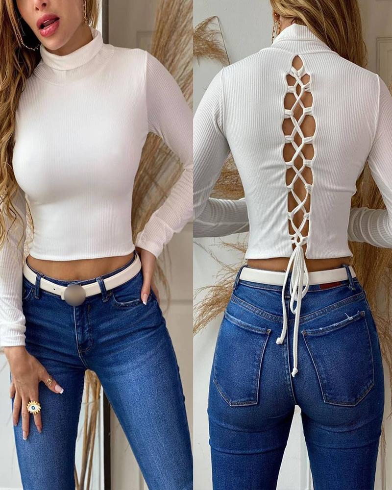 

Long Sleeve Lace-up Back Ribbed Crop Top, White