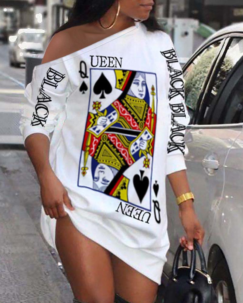 

Poker Letter Print Long Sleeve Casual Dress, White