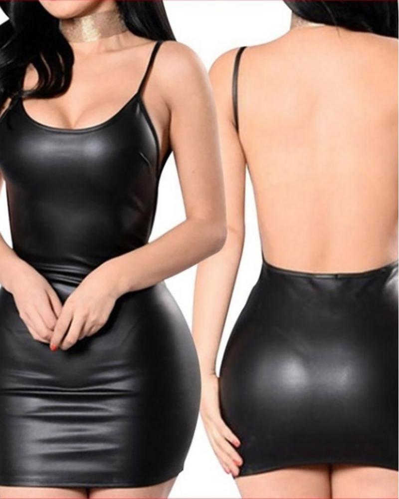

PU Leather Spaghetti Strap Backless Babydoll, Black