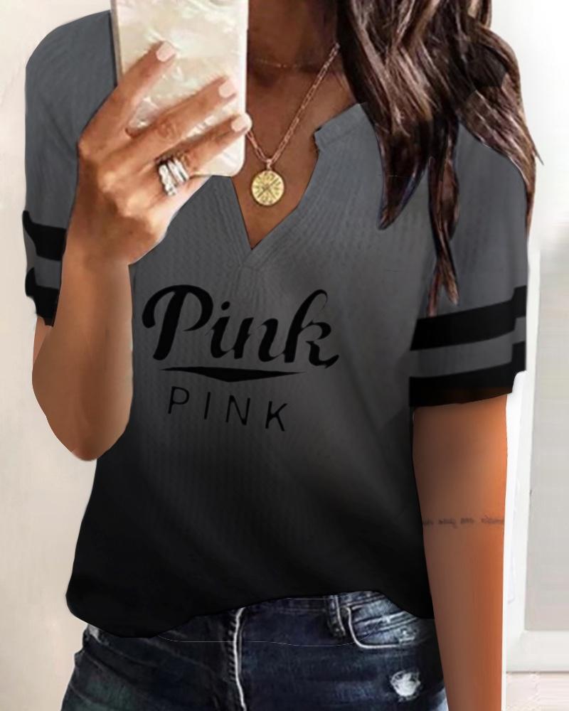 

Letter Print Striped Ombre Colorblok Top, Gray