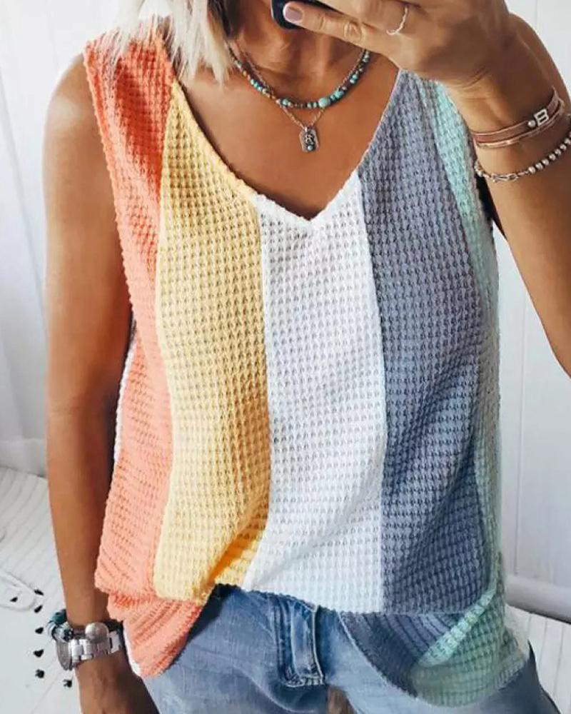 

Colorblock V-Neck Waffle Knit Tank Top, Orange