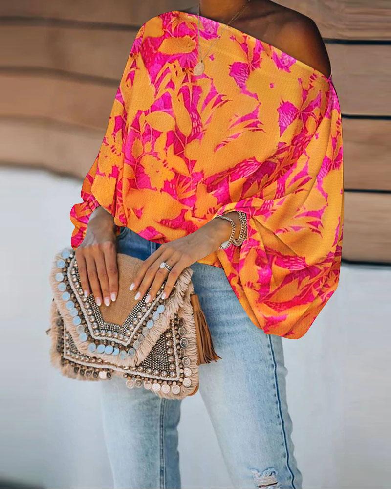 

Plants Print Lantern Sleeve Top, Orange