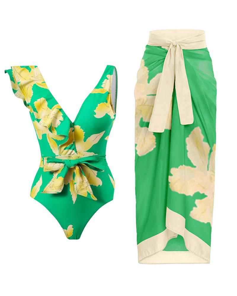 

Plants Print Ruffle Hem One-Piece Swimsuit With Cover Up, Green