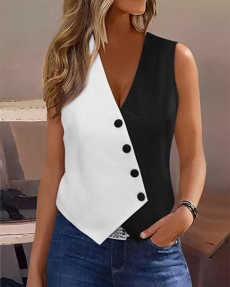 

Top sin mangas con cuello en V y botones en bloques de color, Black