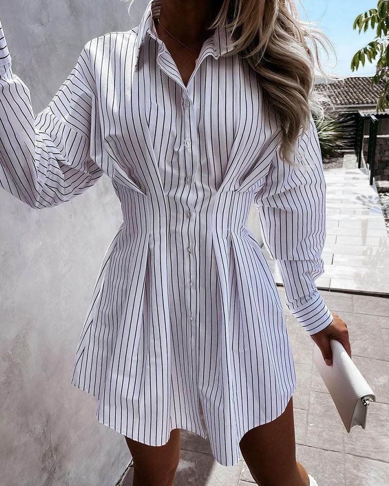 

Striped Print Long Sleeve Shirt Dress, White