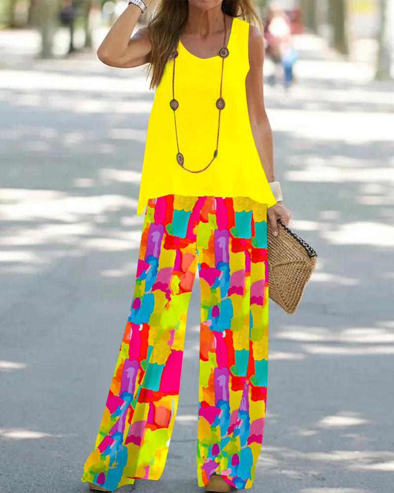 

Plain Tank Top & Melting Colors All Over Print Wide Leg Pants Set, Yellow