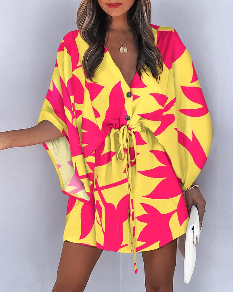 

Plants Print Button Front Drawstring Casual Dress, Multicolor