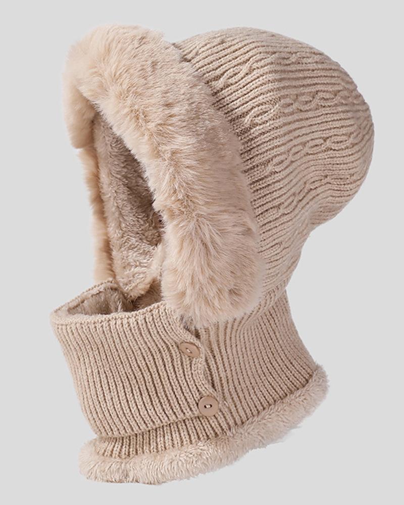 

Fuzzy Winter Warm Cable Knit One-Piece Mask Scarf Beanie Hat, Beige