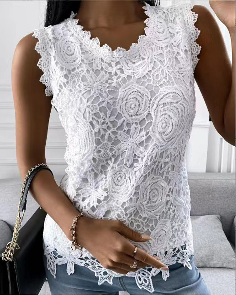 

Guipure Lace Patch Tank Top, White