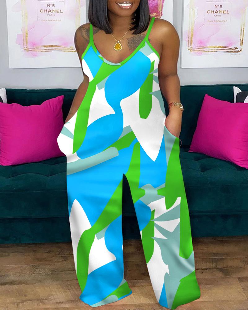 

Plus Size Geometric Print Spaghetti Strap Jumpsuit, Blue