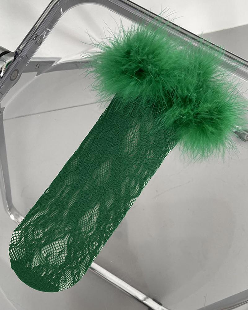 

1Pair Crochet Lace Feather Detail Socks, Green