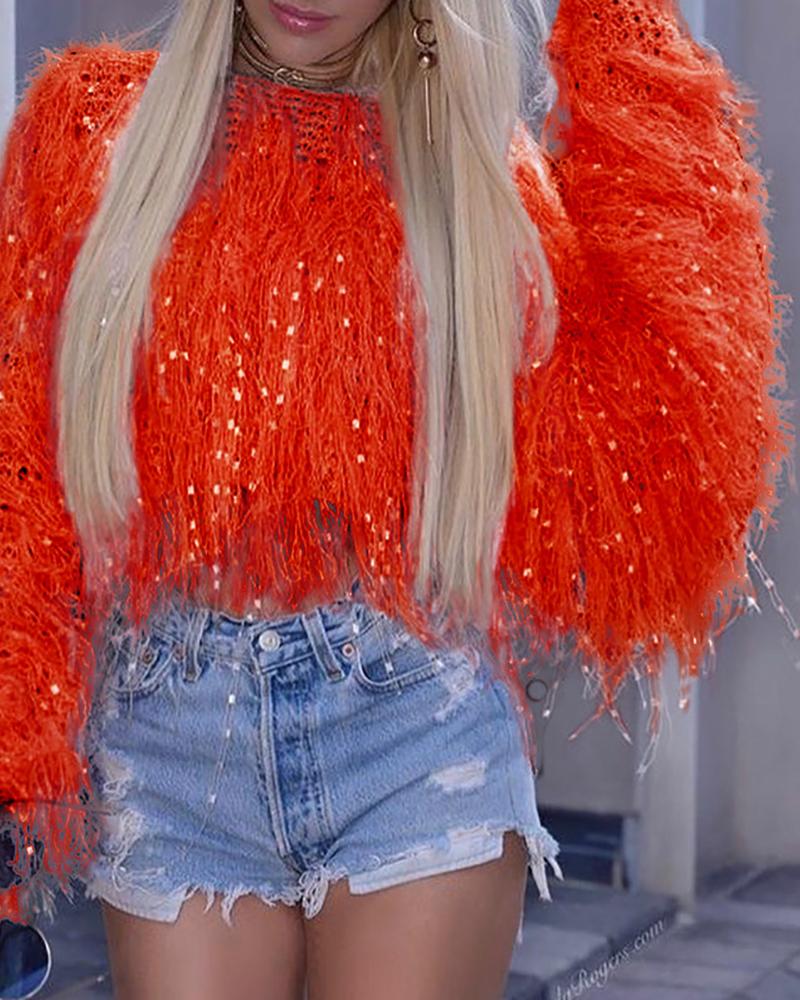 

Solid Round Neck Fringed Fluffy Crop Sweater, Orange