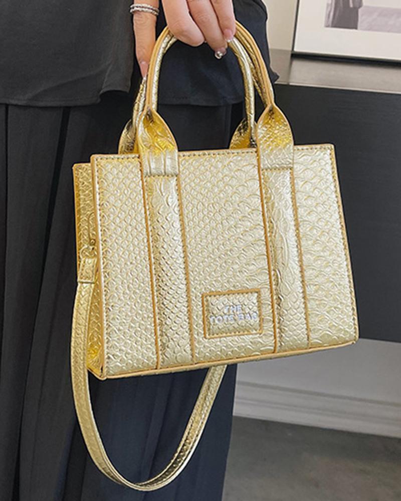 

Snakeskin Top Handle Trendy Crossbody Tote Bag, Gold