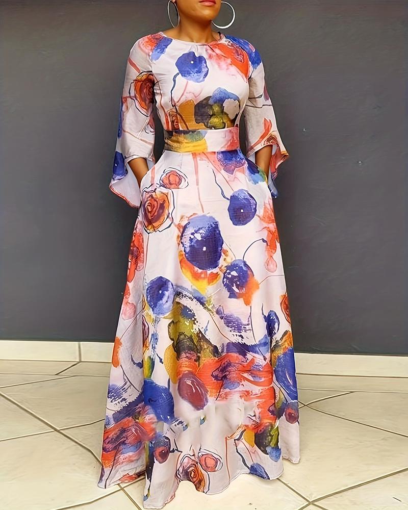 

Plus Size Floral Print Bell Sleeve Dress, Apricot