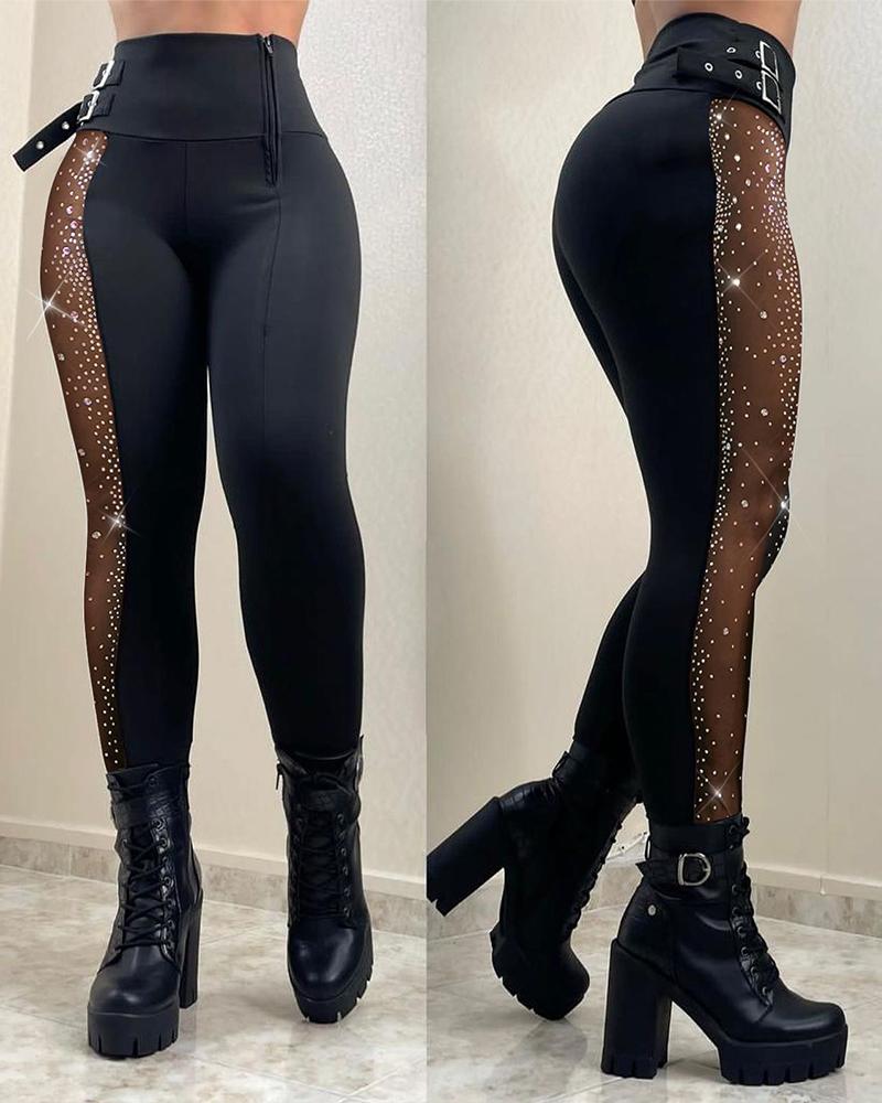 Contrast Mesh Rhinestone Decor High Waist Skinny Pants