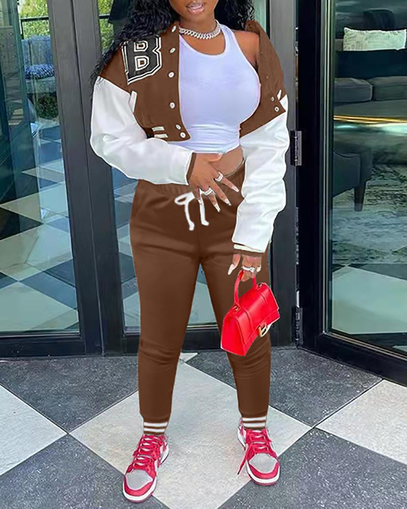 

Letter Print Colorblock Baseball Jacket & Drawstring Pants Set, Coffee