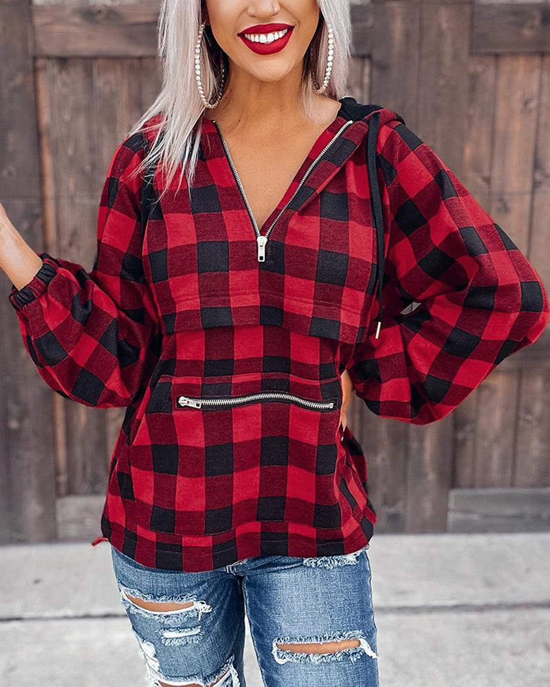 

Plaid Print Zip Detail Long Sleeve Hoodie, Red