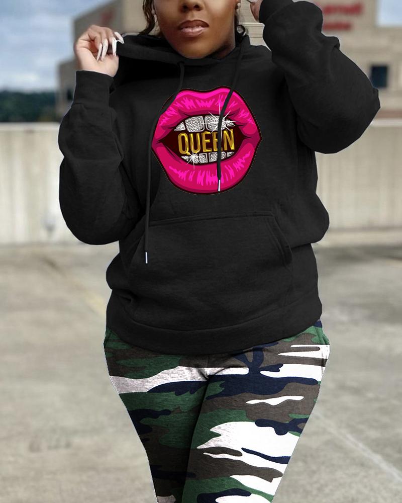 

Plus Size Lip Letter Print Long Sleeve Hoodie, Black