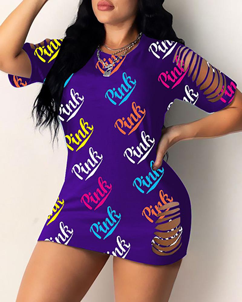

Letter Print Ripped O Neck Short Sleeve Dress, Purple