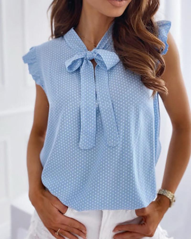 

Solid Sleeveless Ruffles Lace-up Collar Loose Tanks, Blue