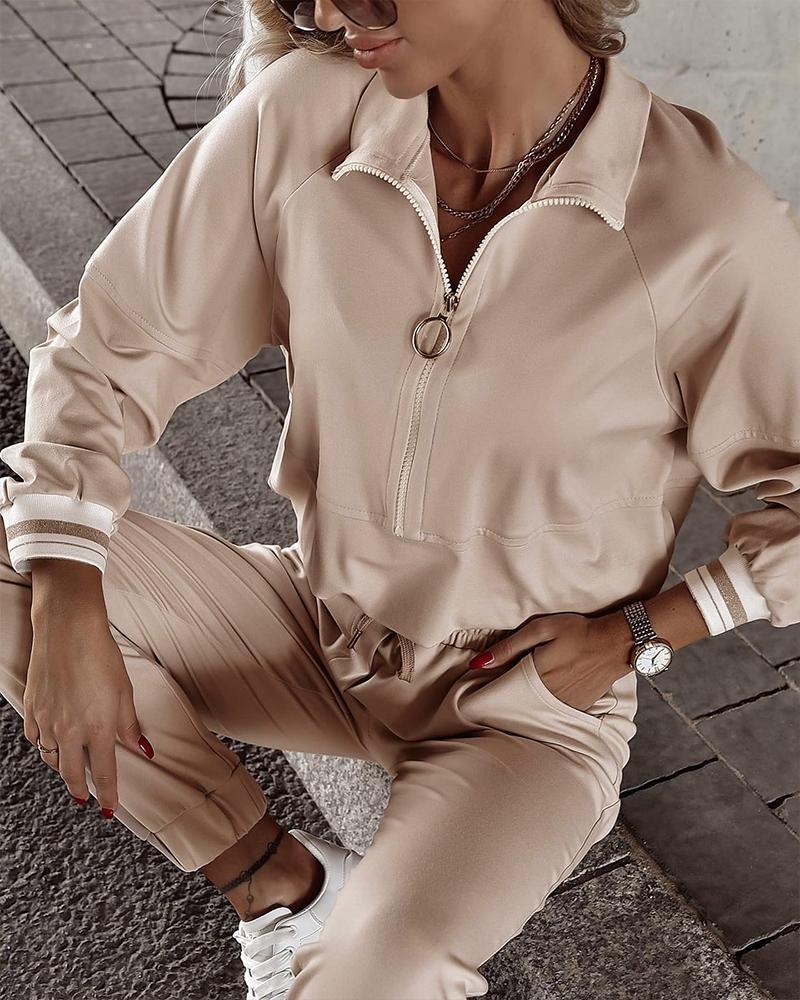 

Contrast Paneled Zip Front Top & Pants Set, Apricot