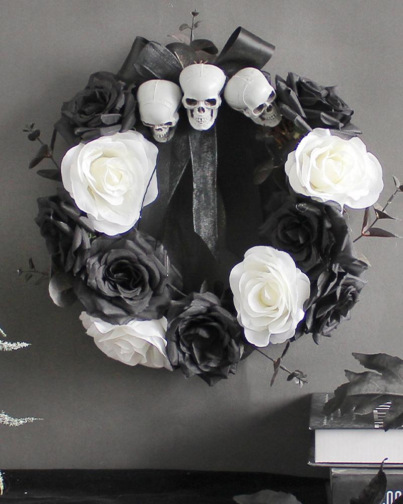 

Halloween Skull Rose Flowers Wreath Artificial Garland Wreath Front Door Thanksgiving Festival Decoration Ornaments, Blackwhite