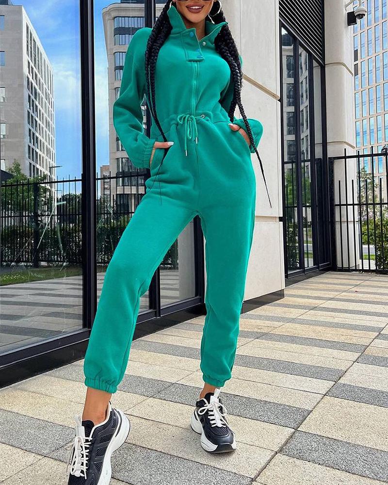 

Long Sleeve Drawstring Waist Jumpsuit, Green
