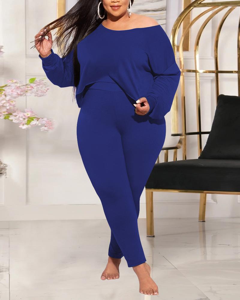

Plus Size Long Sleeve Asymmetrical Hem Top & Pants Set, Blue