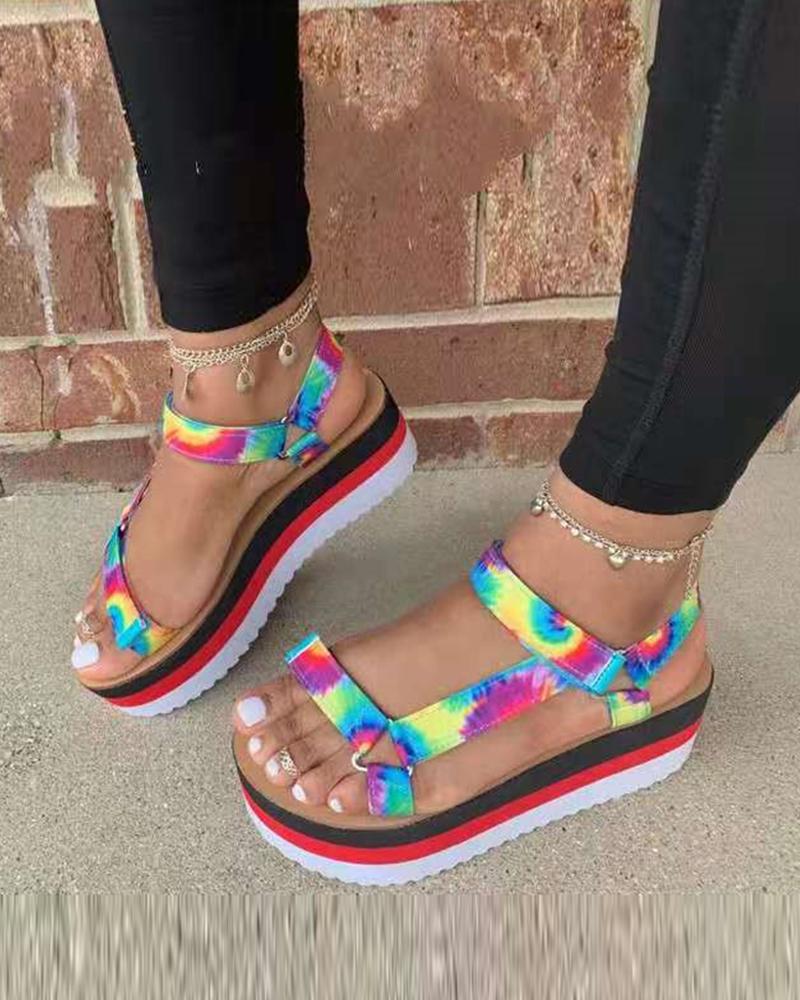 

Tie Dye Bandage Open-toe Platform Flat Sandals, Multicolor