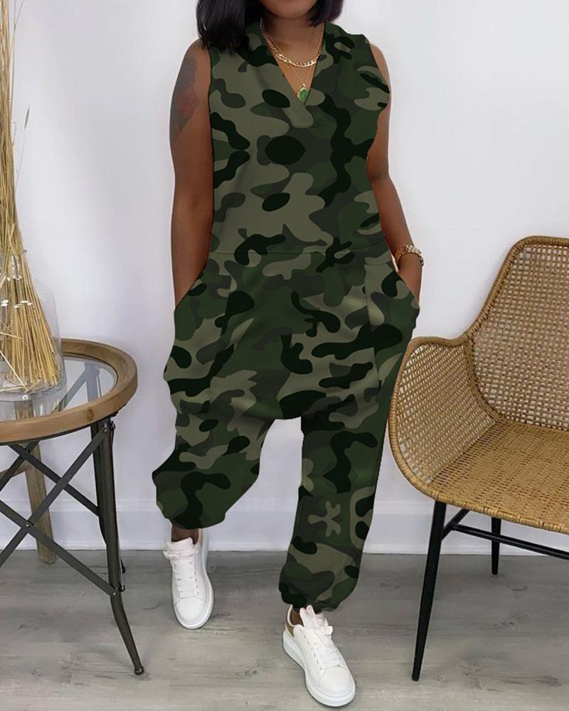 

Camouflage V-neck Long Jumpsuit, Green