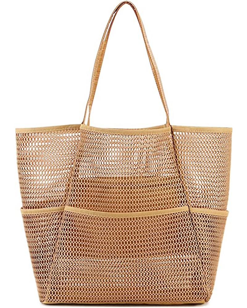 

Multiple Pockets Large Mesh Beach Tote Bag, Khaki