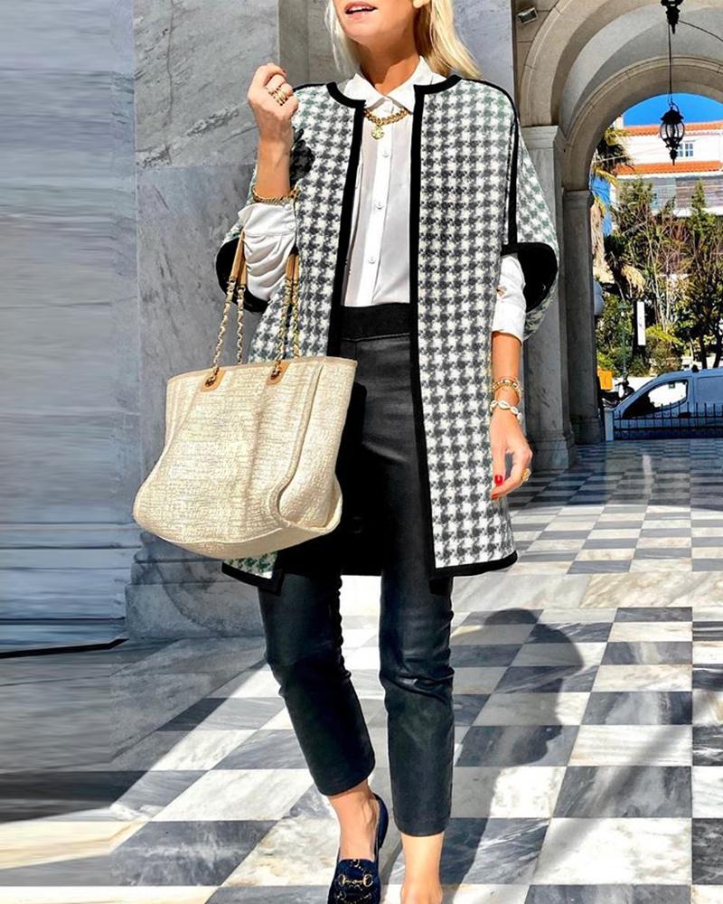 

Houndstooth Print Contrast Binding Coat, Black