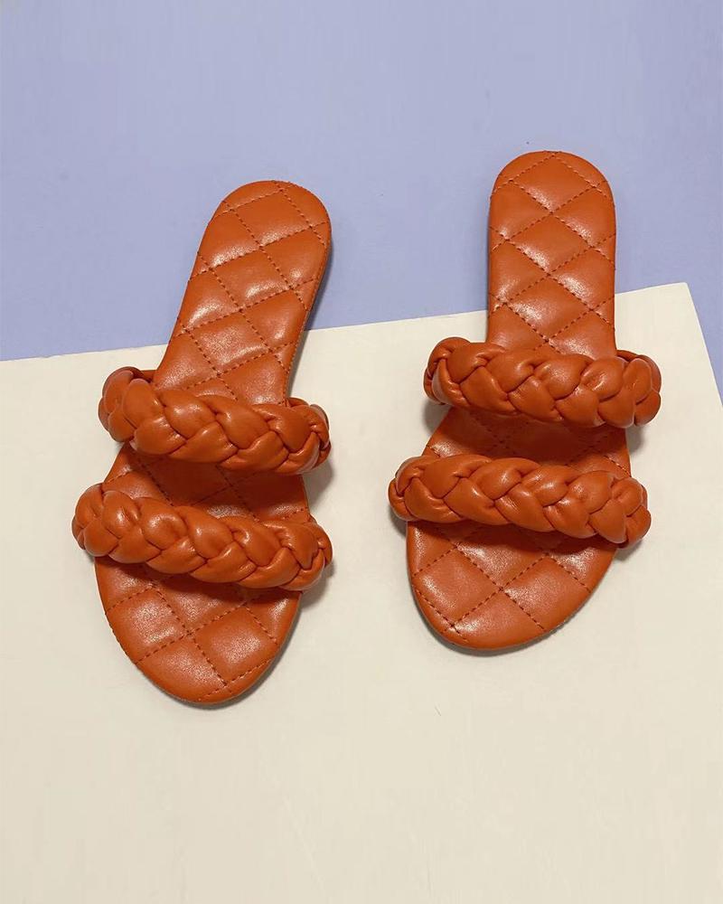 

Round-toe Solid Color PU Leather Open-toe Flat Slippers, Orange