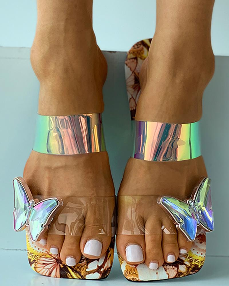

Square Toe Floral Print Butterfly Pattern Flat Sliippers, Yellow