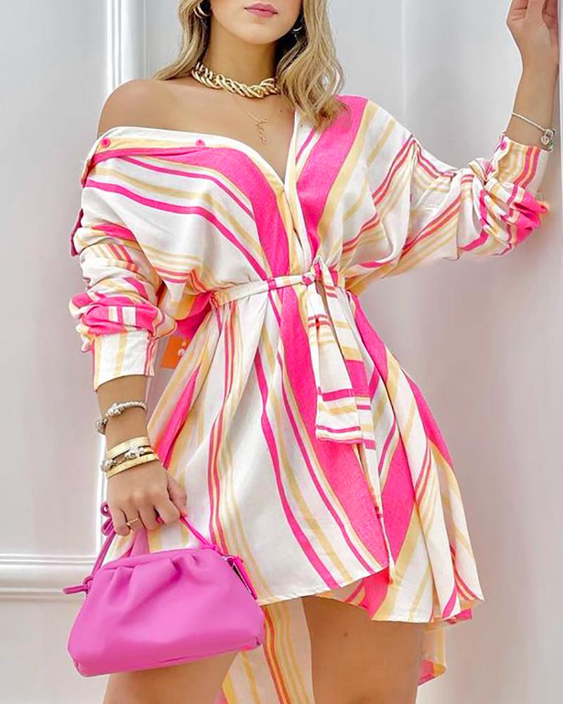

Striped Print Colorblock Long Sleeve Shirt Dress, Hot pink