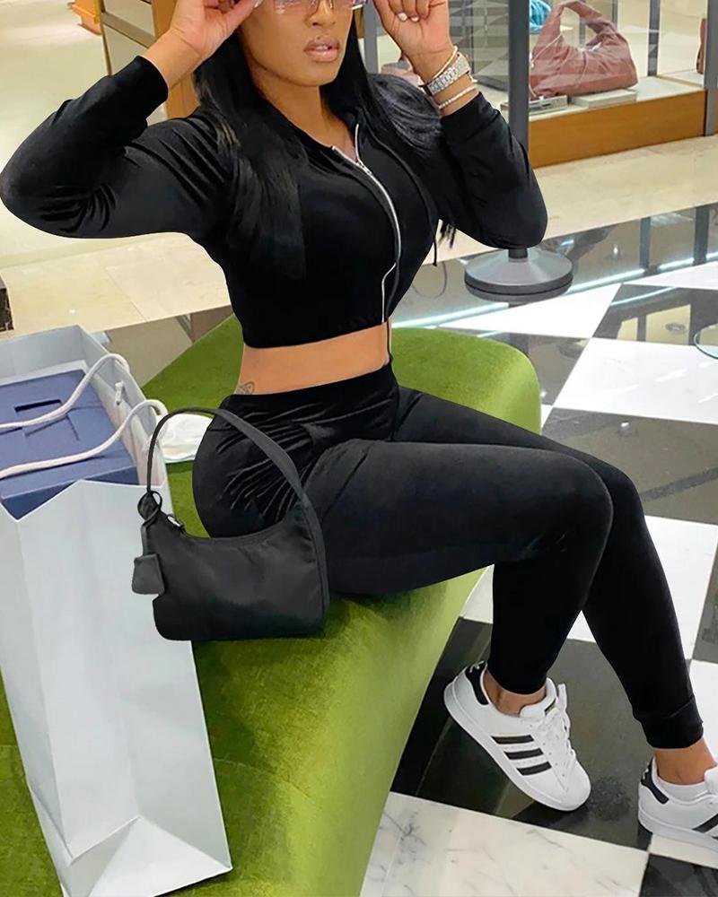 

Solid Color Velvet Long Sleeve Skinny Cropped Pant Sets, Black
