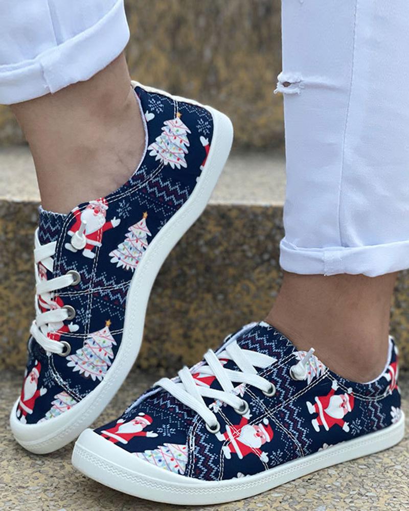 

Christmas Santa Tree Print Lace-up Canvas Slip-On, Blue&red