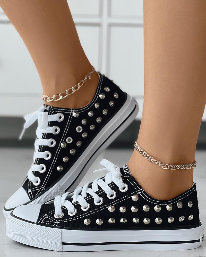 

Studded Lace-up Canvas Sneakers, Black