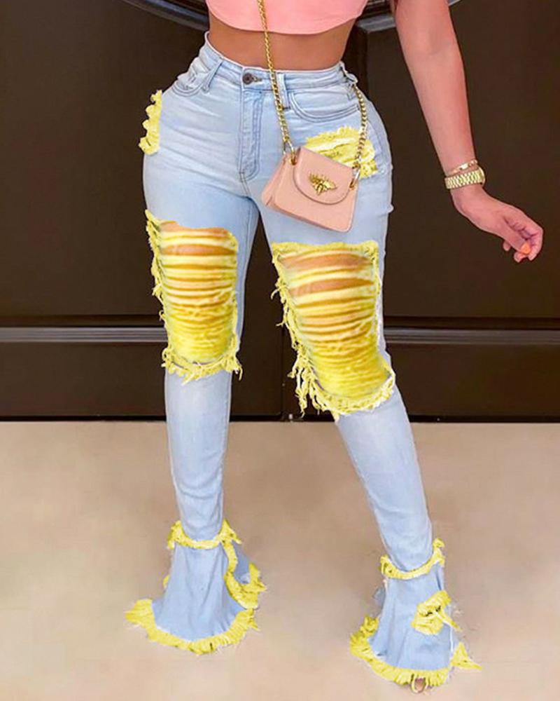 

Zipper Fly Fringe Ruffle Hem Ripped Skinny Jeans, Blue