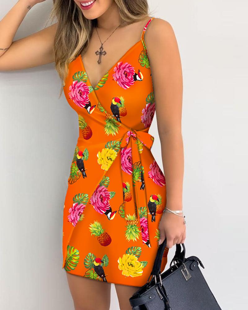 

Tropical Pineapple Print Wrap Tie Side Cami Dress, Orange