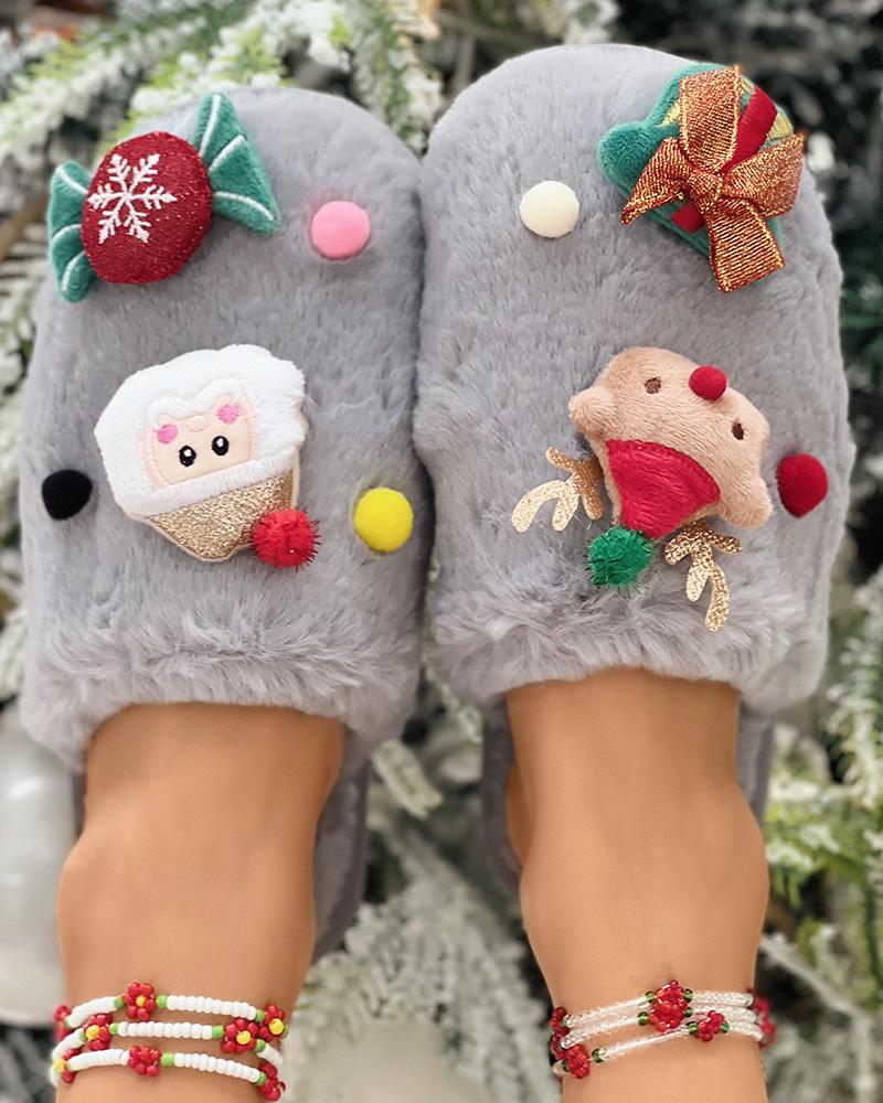 

Christmas Tree Santa Elk Cartoon Pattern Fuzzy Slippers, Gray