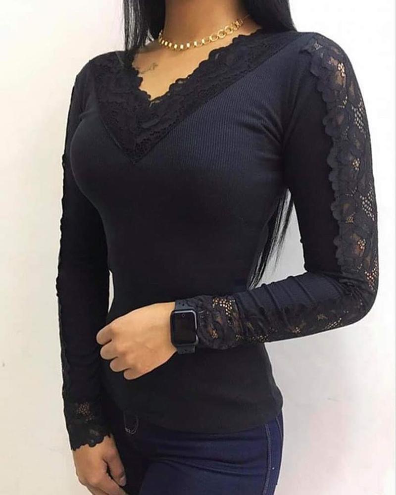 

Eyelash Lace Plain Long Sleeve Top, Black