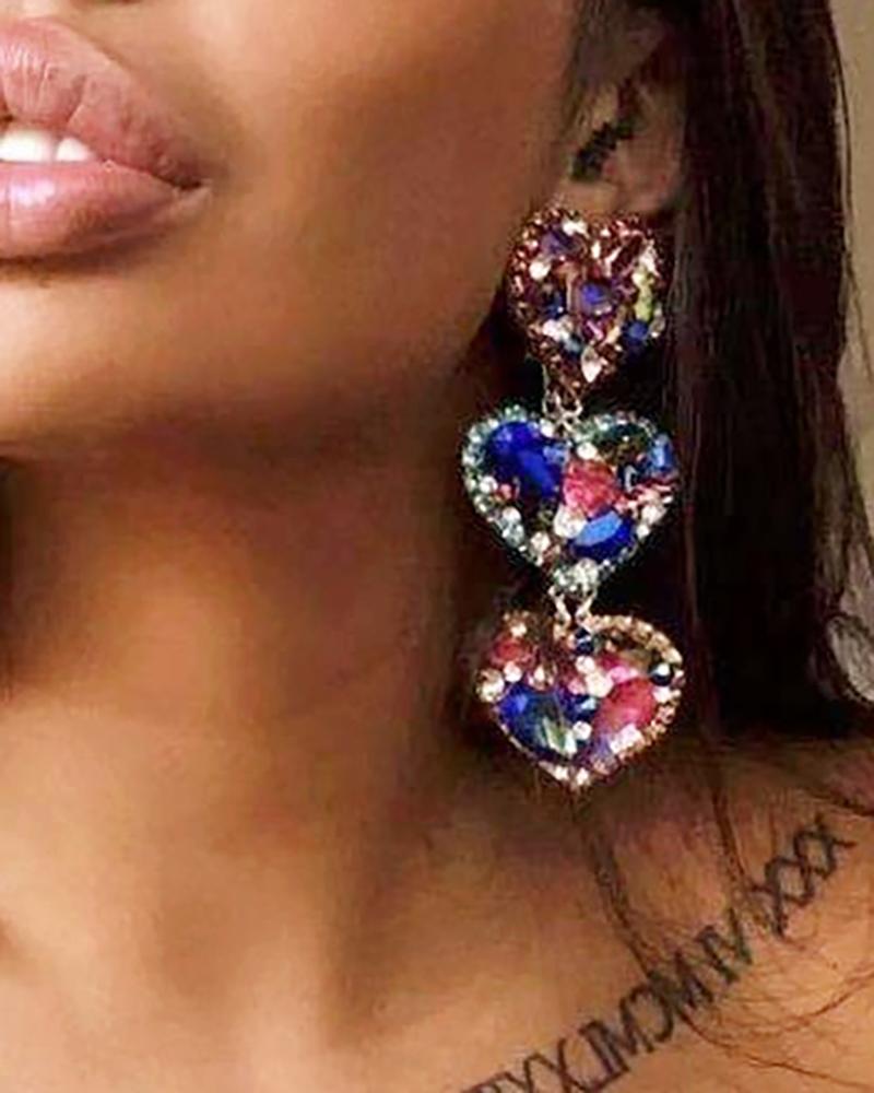 

1Pair Heart Shaped Colorful Rhinestone Drop Earrings, Multicolor