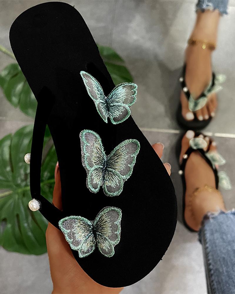 

Butterfly Patch Post-toe Open-toe Flat Sandals, Green